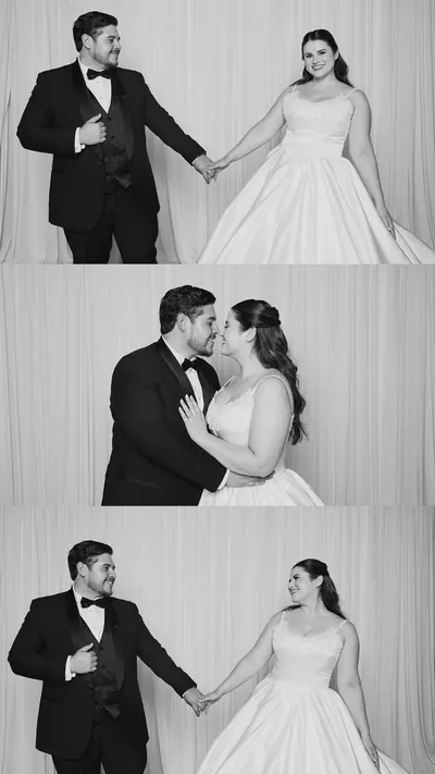 Photo booth strip of a couple in a white gown and tuxedo, in three frames