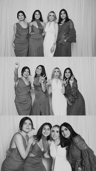 Photo booth strip of four friends in evening dresses