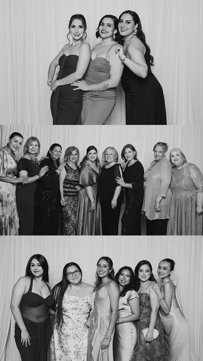 Photo booth strip of three groups of women in evening dresses